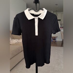 Zara Black and White Ribbed Polo Top